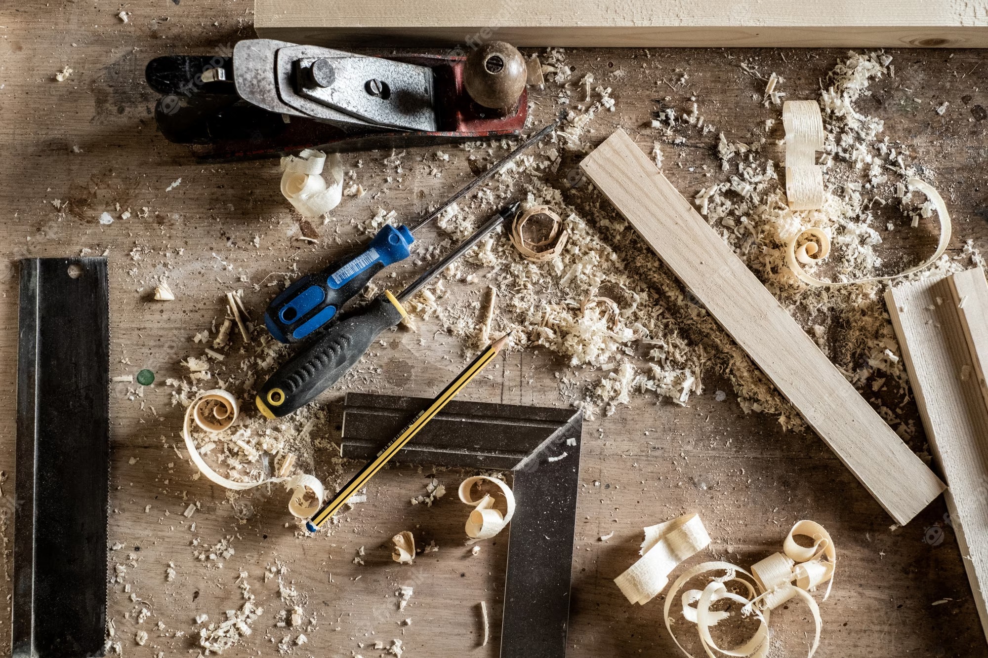 Diferentes herramientas de carpintería en mesa de madera.